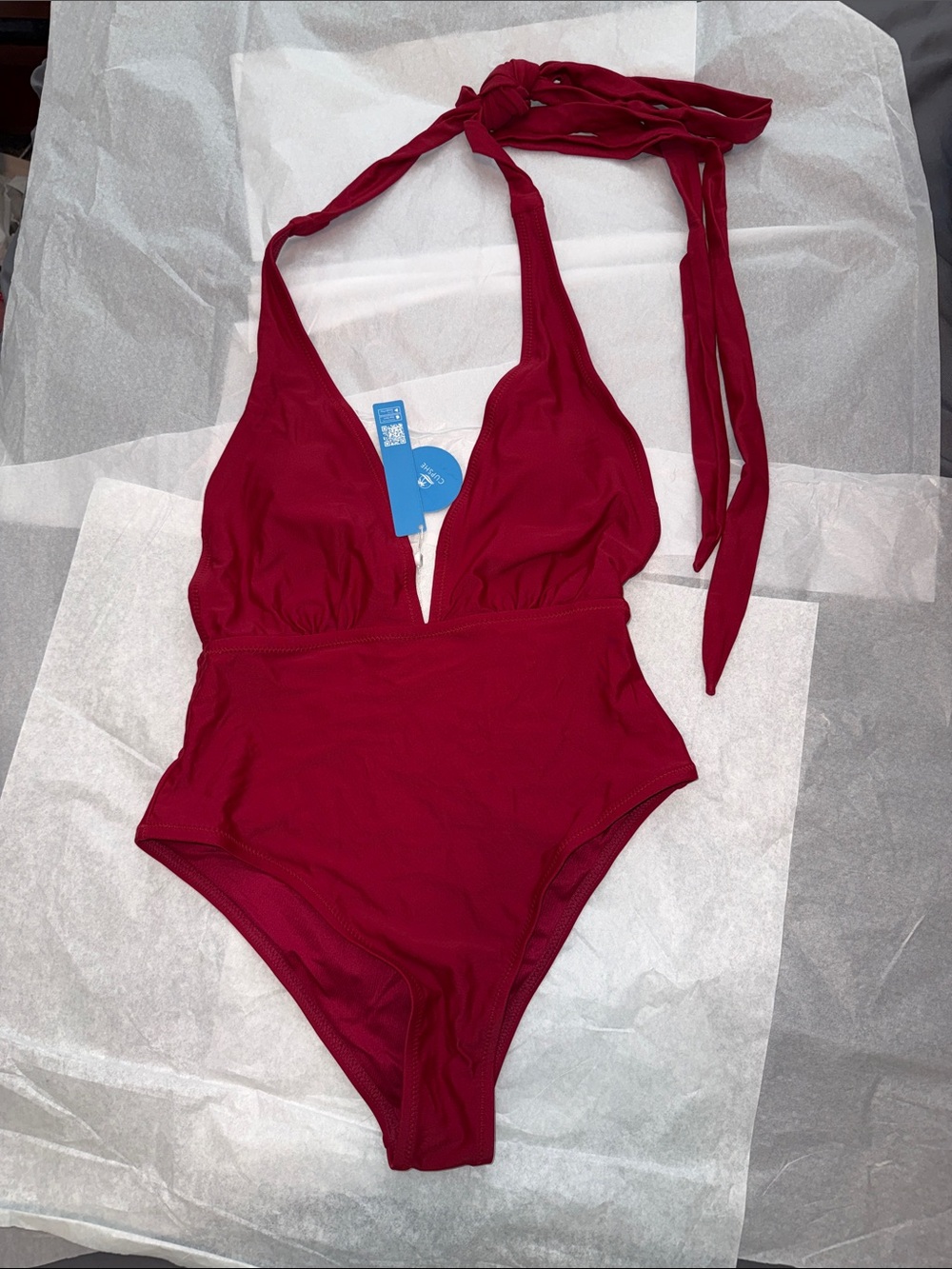 CUPSHE One-Piece Halter Swimsuit in Deep Red XS